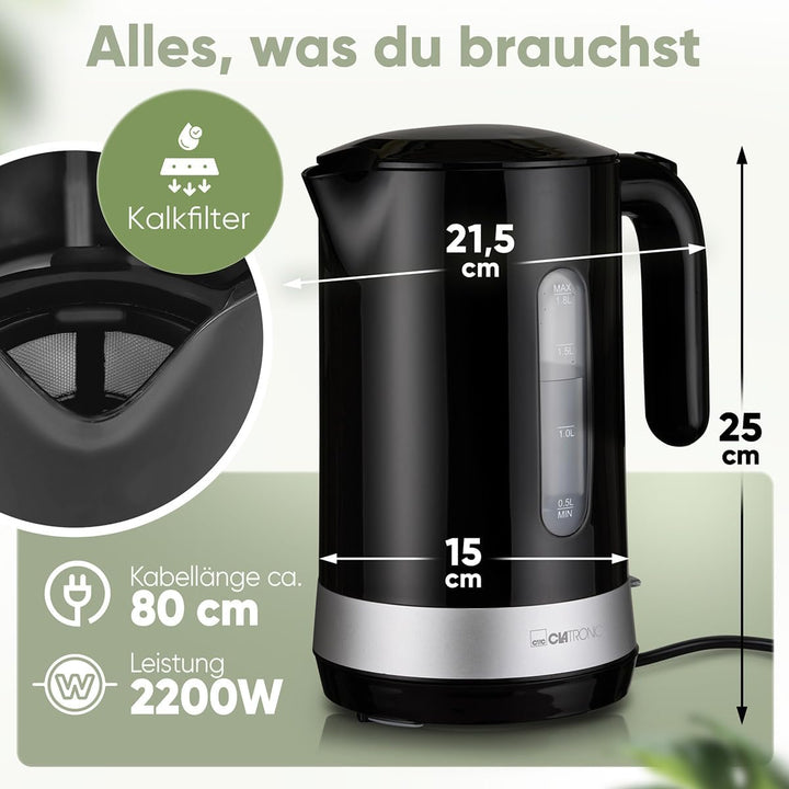 Clatronic® Wasserkocher 1,8L | 2200W für schnelles Erhitzen | BPA frei | Einhandbedienung | Wasserst