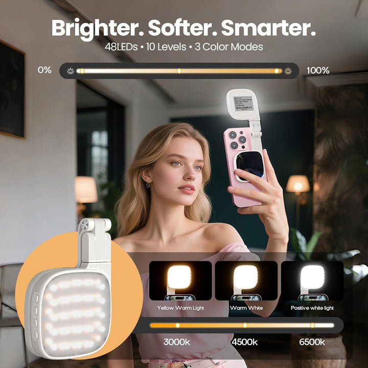 Magnetisches 3-in-1 Selfie-Licht mit Spiegel– 48 LEDs, 10 Helligkeitsstufen, 1000mAh Akku, Farbtempe