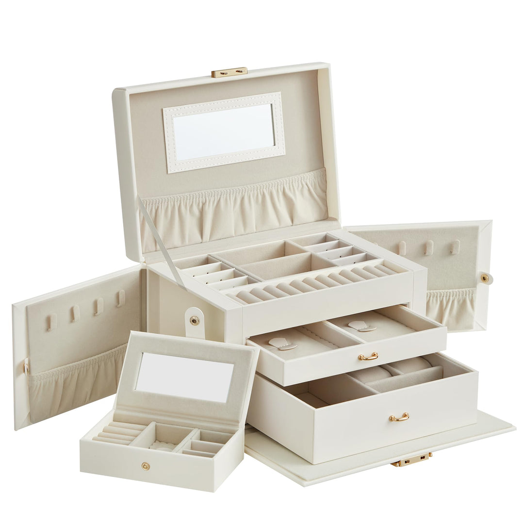 SONGMICS Schmuckkästchen 3 Ebenen, Schmuckkasten 2 Schubladen, tragbare Mini-Box für Reisen, mit Gri