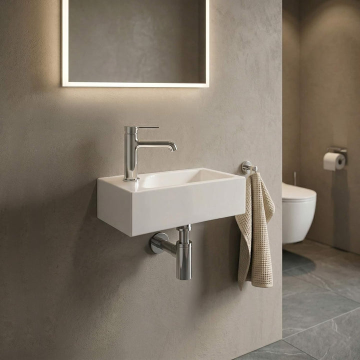 Stilform Mini Waschtisch Gäste WC Waschbecken für Wandmontage Mineralguss Links oder Rechts Handwasc