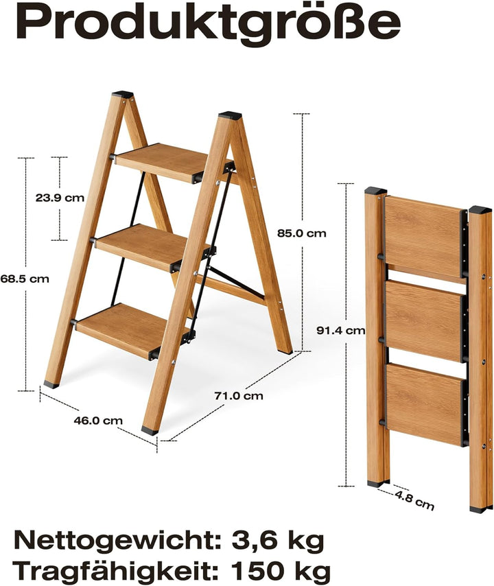Trittleiter 3 Stufen klappbar,Tritthocker aus Aluminium | 150 kg Tragfähigkeit,Leiter mit rutschfest