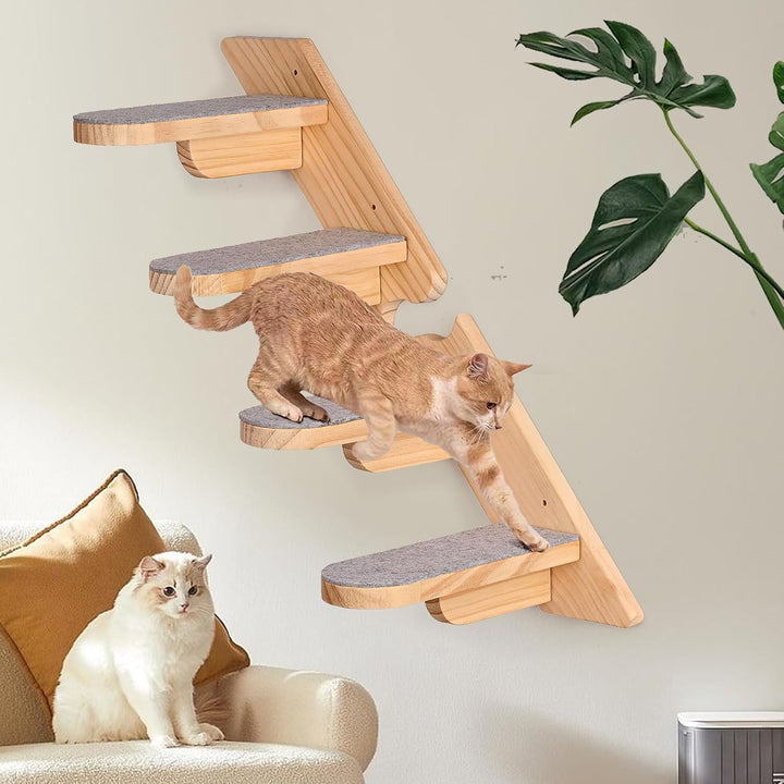 Wand Montierte Katze Kletterregal - Holz Vier Schritt Treppe Mit Plüsch Bedeckt - Möbel für Klettern
