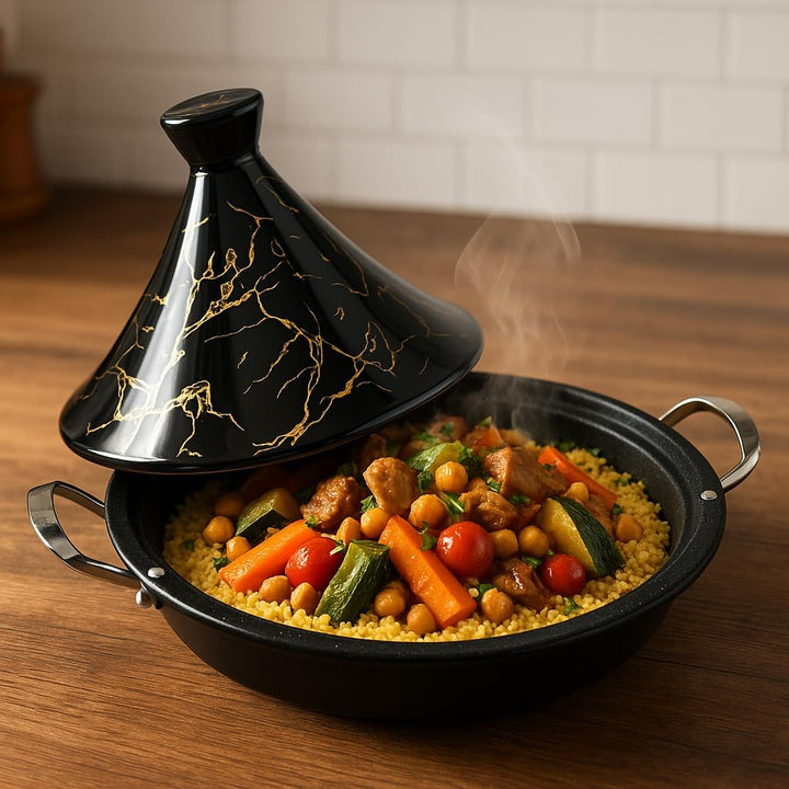 Royal Swiss Tajine 38 cm – Edelstahl mit Keramikdeckel & Dampfventil, Induktion & Alle Herdarten, En