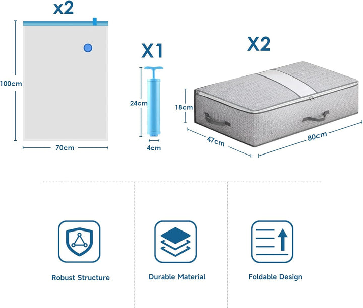 Unterbett Aufbewahrungsbox Set, 2 Stück Unterbettkommode, 2 Vakuumbeutel für Kleidung, Faltbare Unte