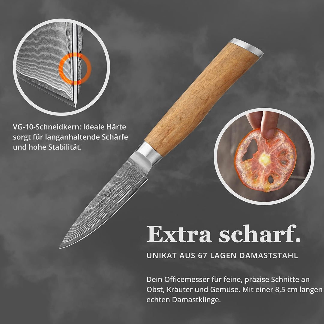 Wakoli Oliven Damastmesser - sehr hochwertiges Profi Messer mit Olivenholz Griff mit Damast Klinge,