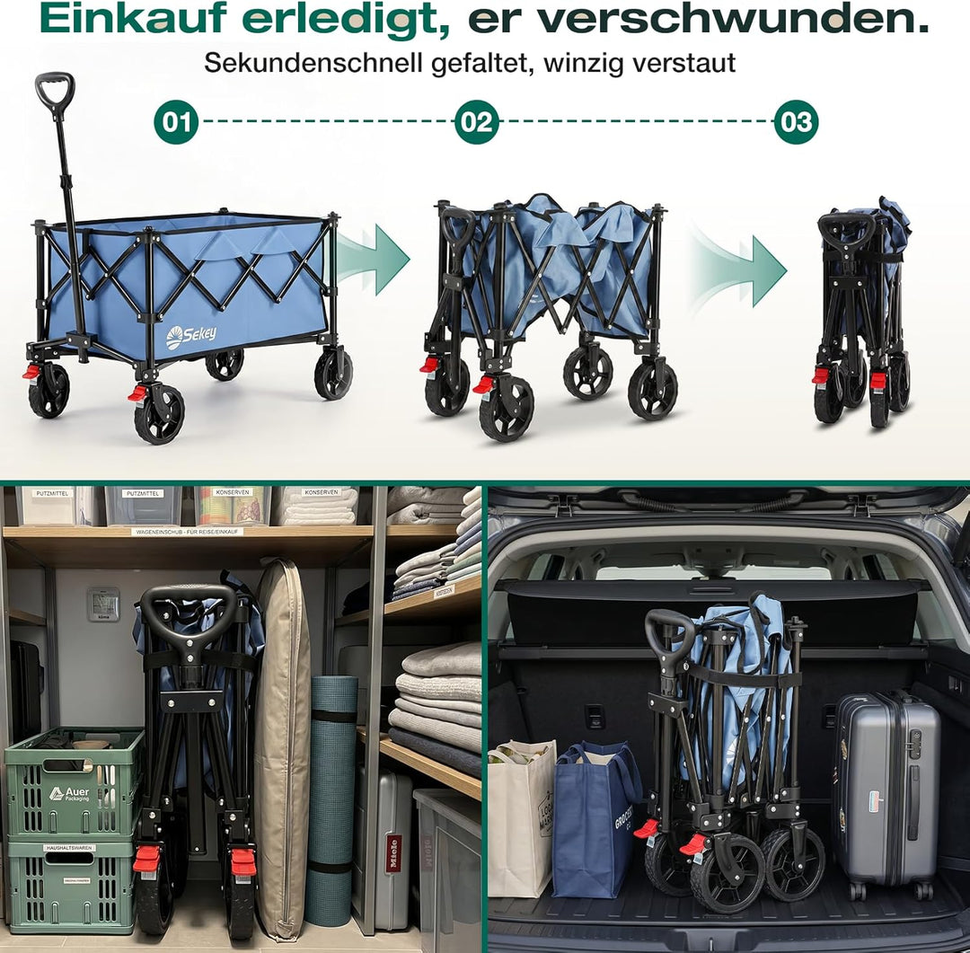 Sekey Bollerwagen Faltbar 135L 150KG Belastbar, Transportwagen klappbar mit Geländereifen mit Bremse