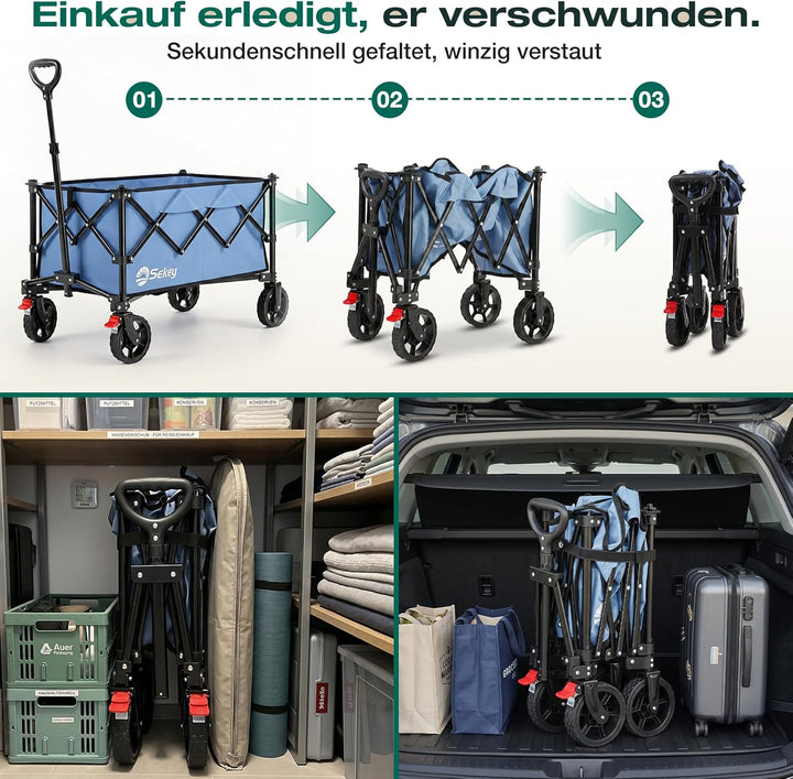 Sekey Bollerwagen Faltbar 135L 150KG Belastbar, Transportwagen klappbar mit Geländereifen mit Bremse