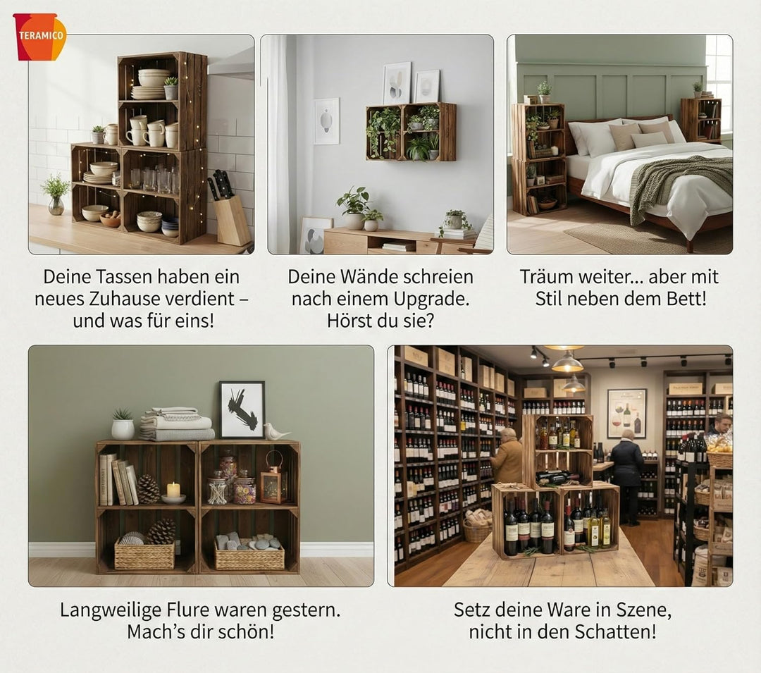 Teramico Massive Holzkisten als Schuhregal Bücherregal LEICHT GEFLAMMT mit Zwischenbrett (verschraub
