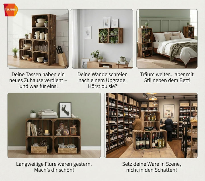 Teramico Massive Holzkisten als Schuhregal Bücherregal LEICHT GEFLAMMT mit Zwischenbrett (verschraub