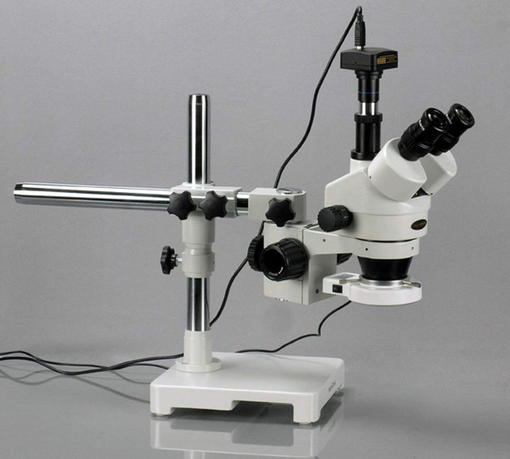 AmScope SM-3TZ-54S-M Trinokulares LED Boom Ständer Stereomikroskop mit 1.3MP Kamera, 3.5X-90X, Weiss