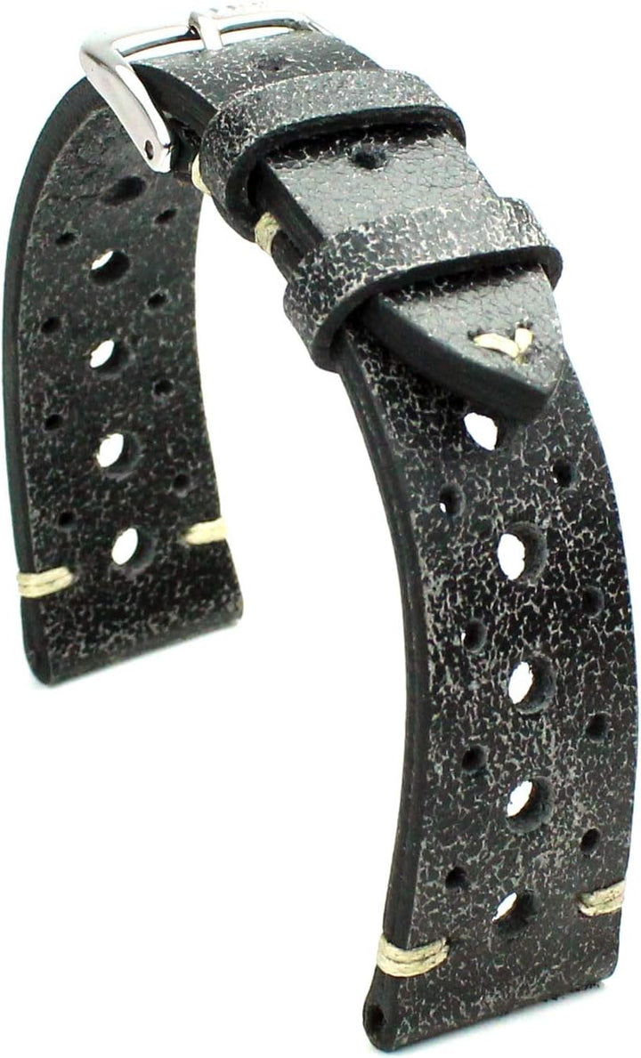 RIOS1931 Rallye Vintage Rindsleder Uhrenarmband handgemacht in Deutschland 18mm Scratched Black