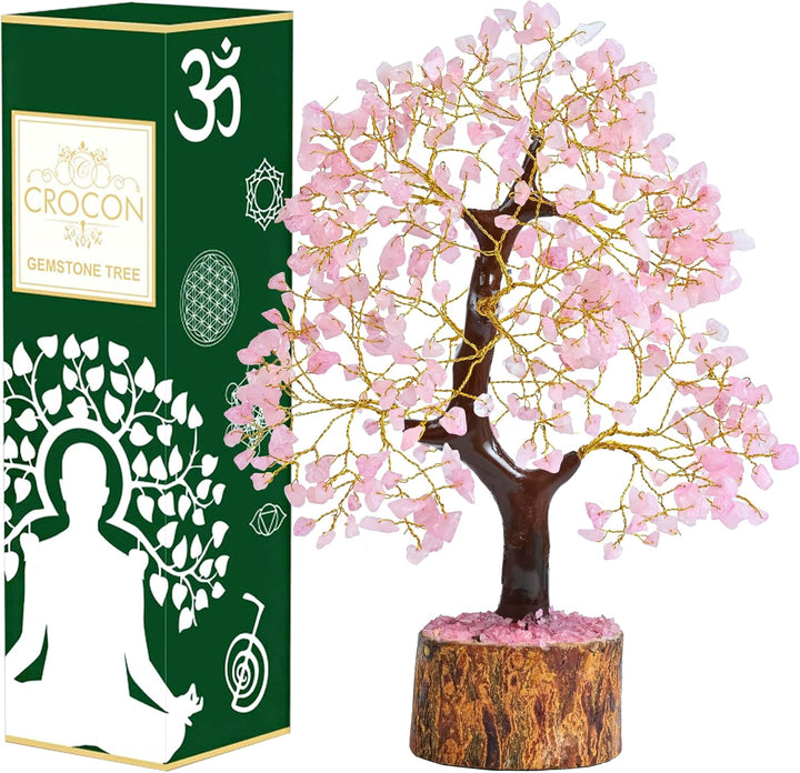 Crocon Rose Quartz Gemstone Tree Feng Shui Figurine Money Bonsai Good Luck Chakra Balancing Reiki He