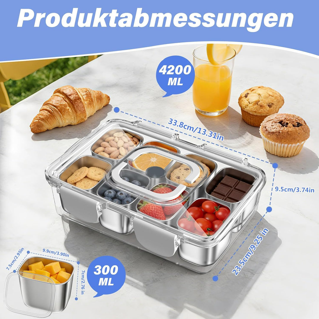 Snackbox Edelstahl mit 8 Fächern, Tragbar & Auslaufsicher Snackteller mit Deckel für Snacks, Süssigk
