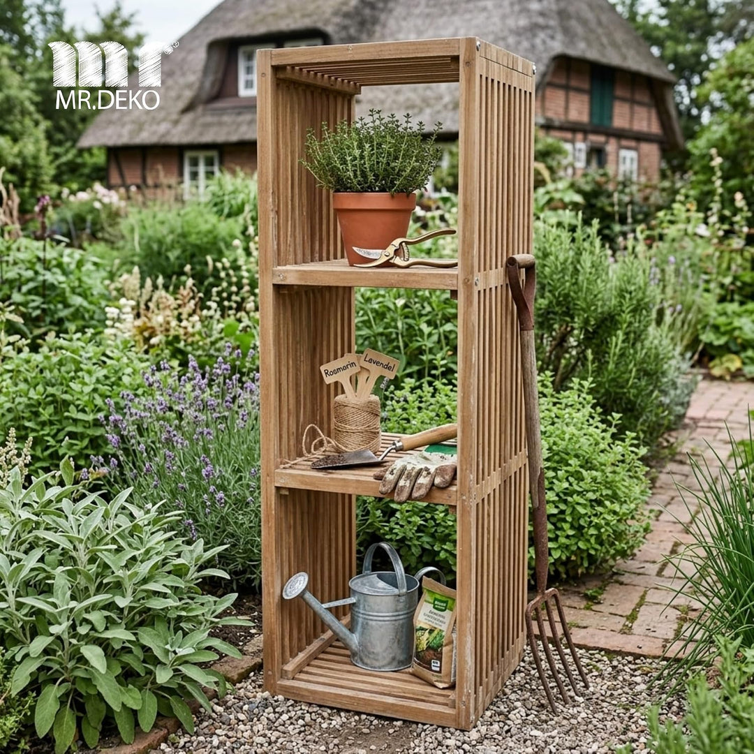 MR. DEKO Outdoor Regal wetterfest 120x40cm 3 Fächer Gartenregal Teak Gross | Holz Garten-Ablage Balk