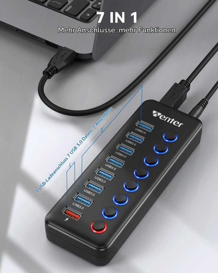 WENTER USB Hub 3.0 Aktiv, 11 Ports 36W (12V / 3A) Netzteil, USB 3.0 Mehrfach Ports Verteiler mit LED
