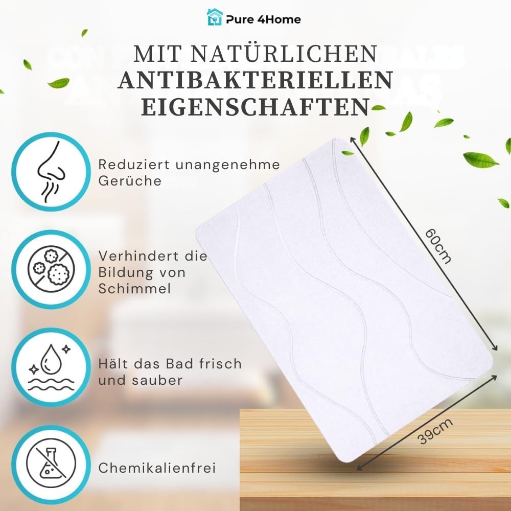 Pure 4Home Badematte Kieselgur 60 x 40 cm – Saugstark & Schnelltrocknend, rutschfest – Diatomit Stei