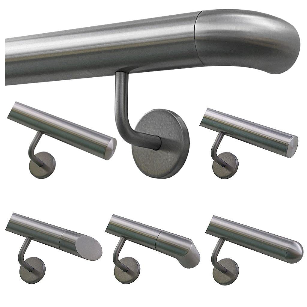 TIBU Handlauf Geländer Edelstahl Ø 42,4 mm - Länge 80 cm - Ende Bogen zur Wand und gewinkelte Halter