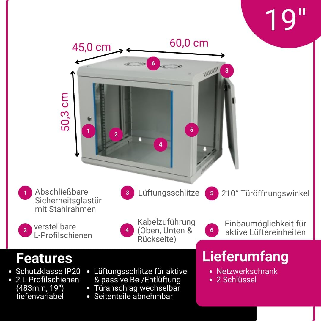 Koscom Connect Netzwerkschrank 9 HE I Serverschrank 19 Zoll I Wandmontage 600 x 450 x 503 mm I voll