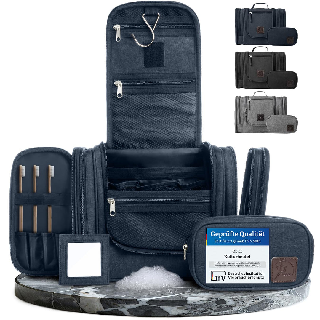 Obics Kulturbeutel Herren & Damen Gross blau 8L XL - Kulturtasche zum Aufhängen & mit Spiegel - Kosm