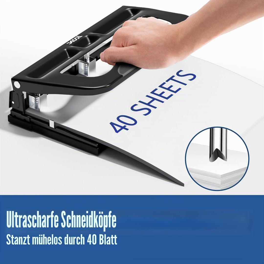 XOOL 3-fach Büro Locher für 40 Blatt, verstellbarer Locher aus Metall, Ergonomisches Design Büroloch