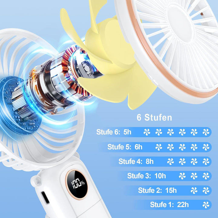 Handventilator mit LED-Anzeige, 5200 mAh Akku Aufladbar, Tragbarer Mini Ventilator mit Trageband, 6