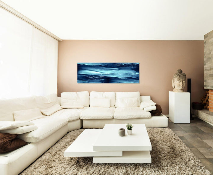 Paul Sinus Art Panoramabild auf Leinwand und Keilrahmen 150x50cm Handmalerei Wellen blau abstrakt