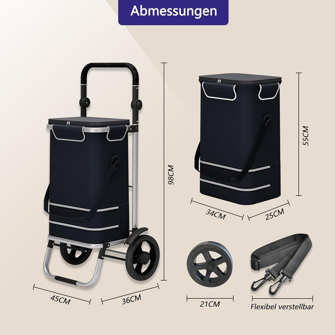 Einkaufstrolley 64L gross, Einkaufstasche mit Rollen klappbar, Einkaufswagen bis 60kg, Trolley mit K