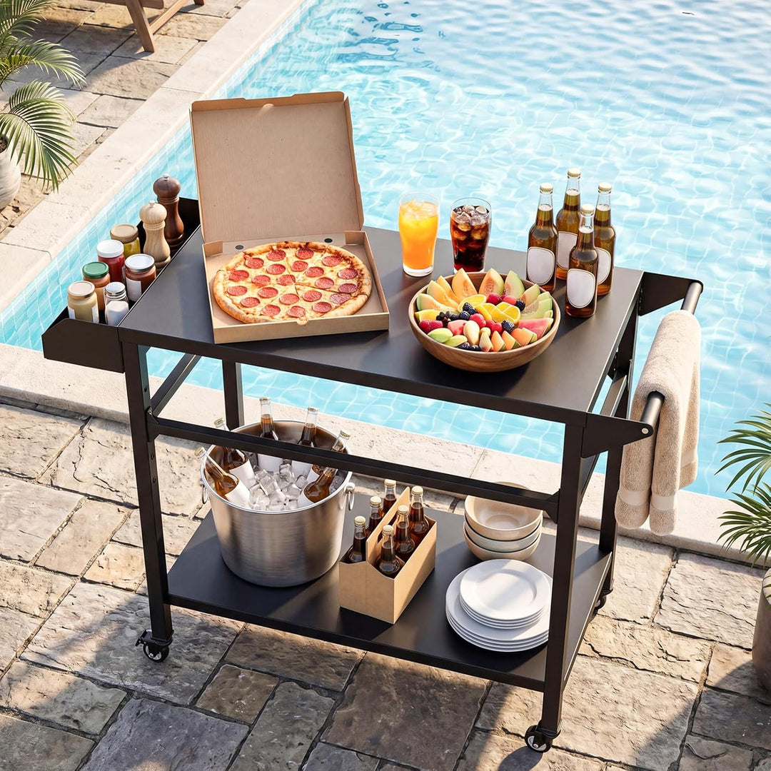 COSTWAY Grillwagen Outdoor, Grilltisch auf Rollen, Pizzatisch mit 2 Ablagen, Griff & Gewürzregal, Se