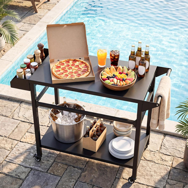 COSTWAY Grillwagen Outdoor, Grilltisch auf Rollen, Pizzatisch mit 2 Ablagen, Griff & Gewürzregal, Se