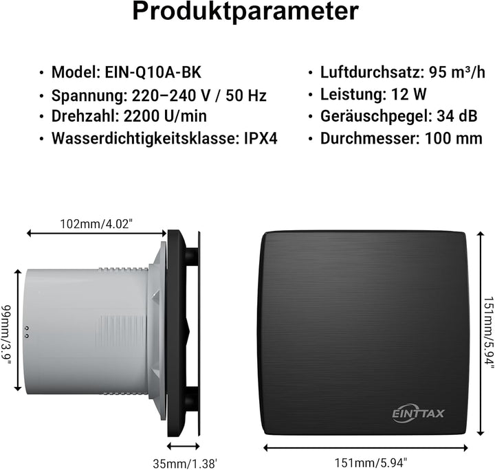 Badlüfter Fan 100mm Durchmesser,Wandmontage Lüftung Badezimmer Ventilator,IPX4 Wasserdicht,Leise 34d