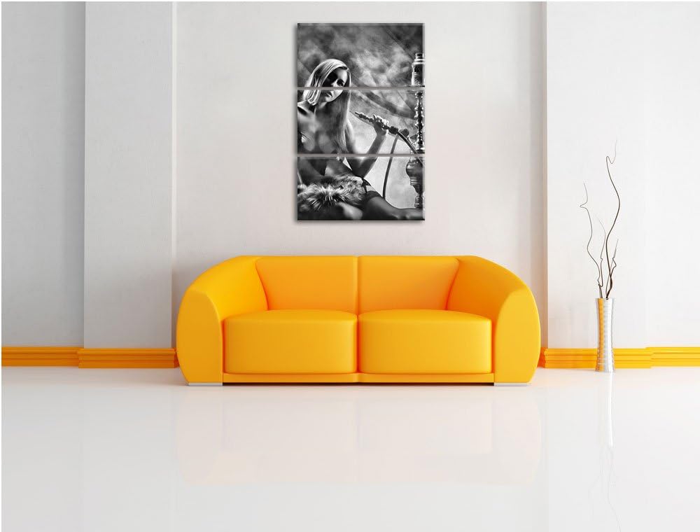 Pixxprint Frau mit Shisha im Nebel als Leinwandbild/Grösse: 3 Teilig (120x80 cm) cm/Wandbild/Kunstdr