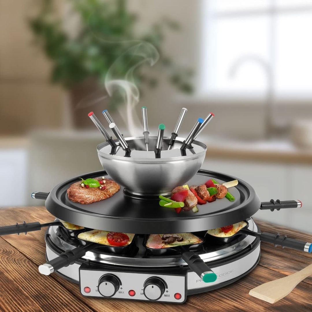 ProfiCook Raclette Fondue Kombination für 8 Personen, 2in1 elektrischer Tischgrill Set inkl. Spatel