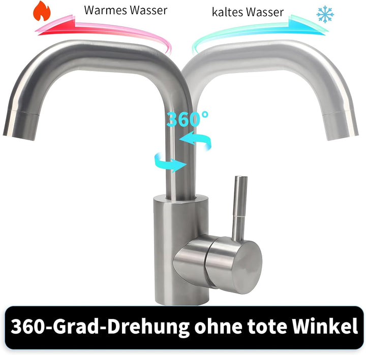 Gebürstet Chrom Wasserhahn Küche - Wasserhahn Bad, 360°Drehbar Waschbecken, Edelstahl Waschtischarma