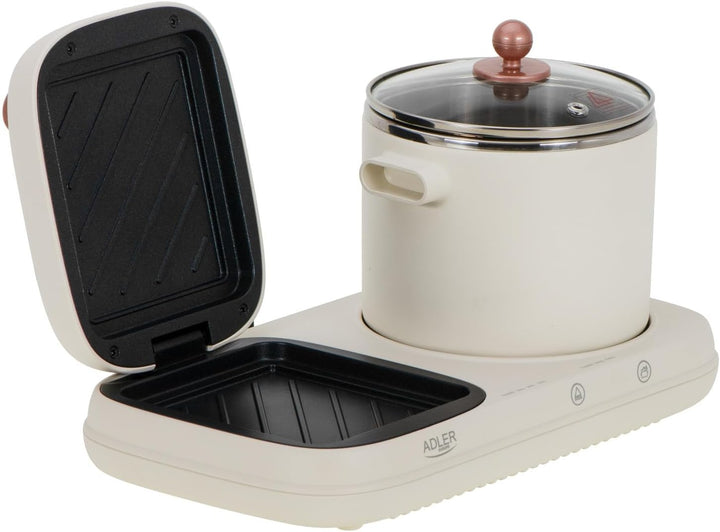 ADLER EUROPE AD 6421 Frühstücksstation 2-in-1 mit 1,0-L Kochtopf und Antihaft-Grillfläche | Retro De