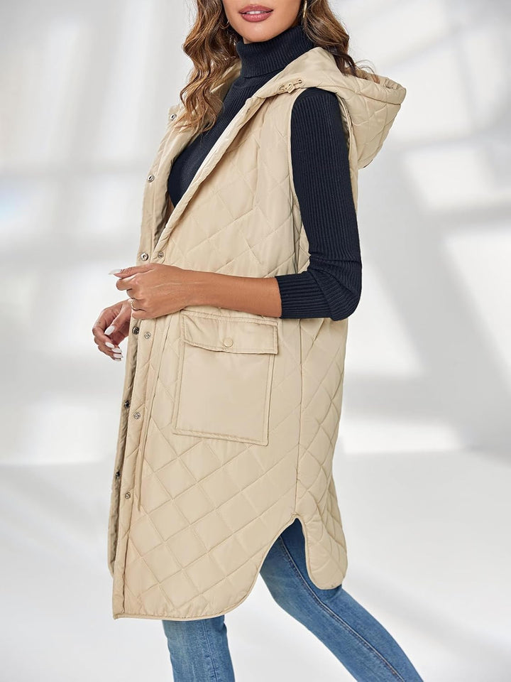 Wenrine Damen Weste Lang Ärmellose Winter Steppweste mit Kapuze und Taschen Casual S Khaki, S Khaki