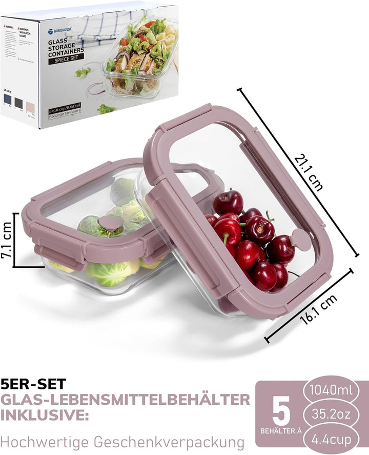 5er-Pack Borosilikatglasbehälter mit gehärtetemDeckel, 1040 ml / 4,4 Tassen, luftdichtes Mahlzeiten-