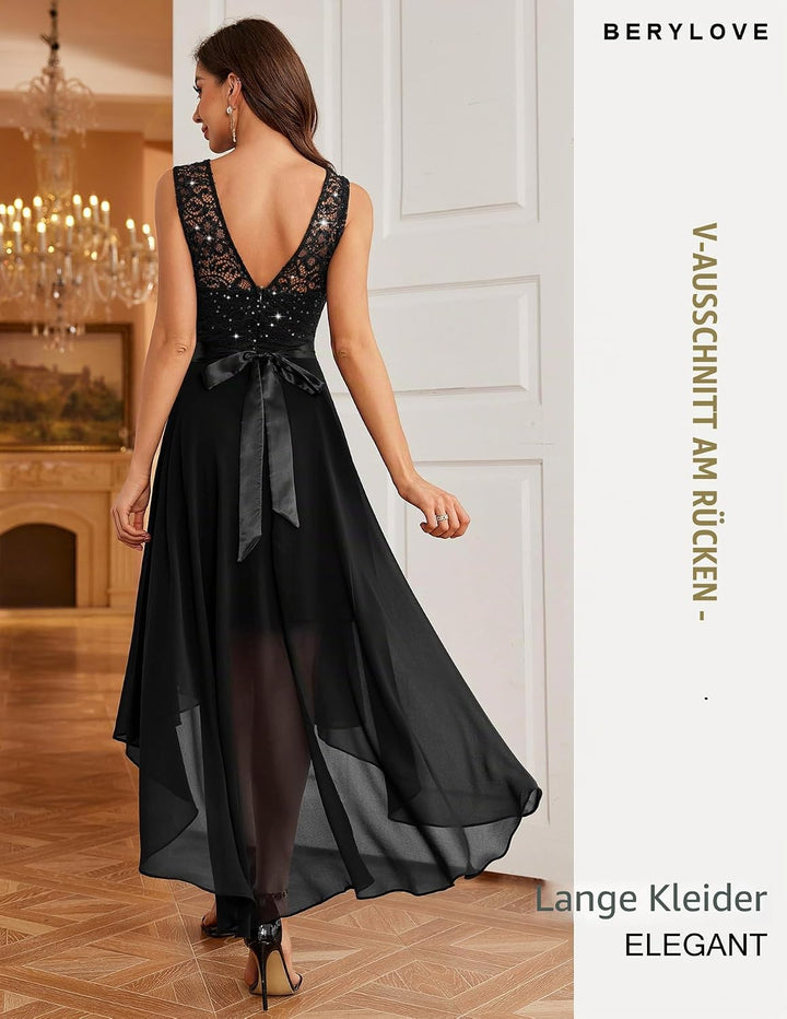 Berylove Damen Vokuhila Cocktailkleid Abendkleider Elegant für Hochzeit Festliche Kleider Ärmellos B