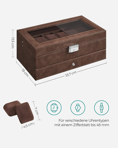 SONGMICS Uhrenbox, Uhrenkasten mit Glasdeckel, Uhrenkoffer 2 Ebenen, für 12 Uhr, abschliessbar, 1 Sc