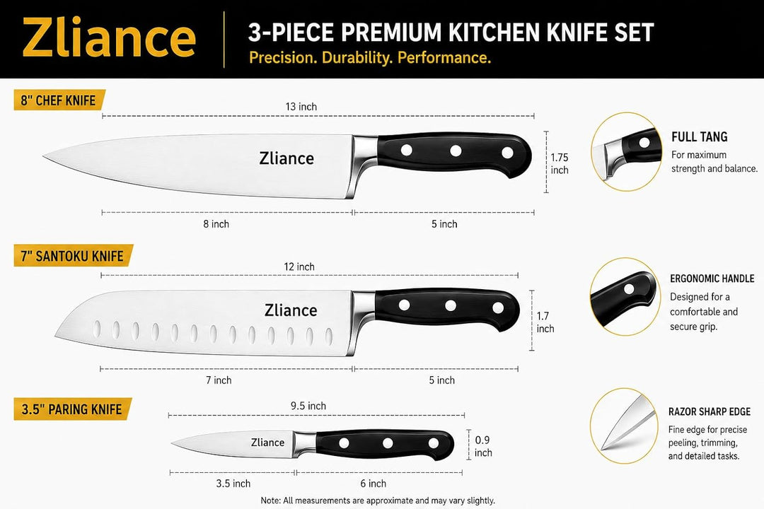 Messerset 3-teilig, japanischer High-Carbon Edelstahl, Ultra-Scharf, 20cm Kochmesser, 18cm Santoku,