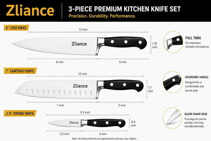 Messerset 3-teilig, japanischer High-Carbon Edelstahl, Ultra-Scharf, 20cm Kochmesser, 18cm Santoku,