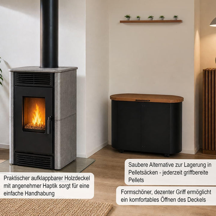 MS Beschläge Design Pelletstruhe mit Nussbaum Holzdeckel Holzkorb Schwarz beschichtet Pelletkorb mit