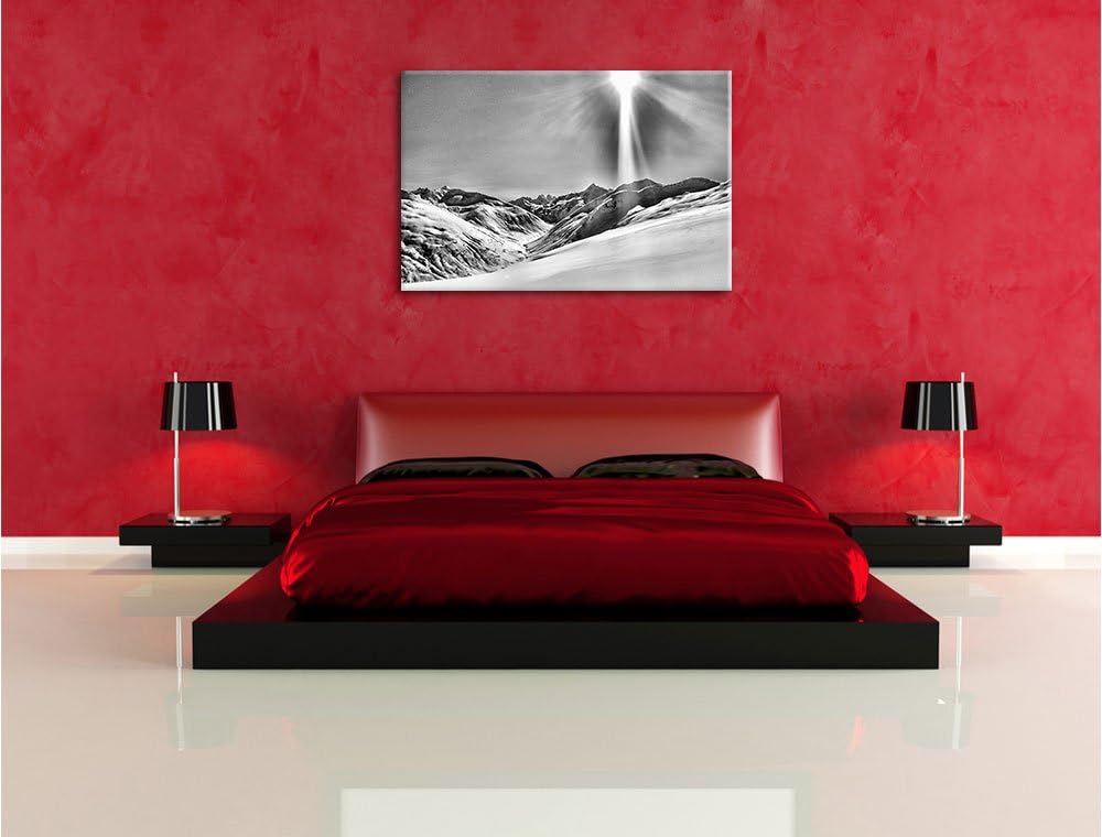 Monocrome, Schnee Berge, Format: 100x70 auf Leinwand, XXL riesige Bilder fertig gerahmt mit Keilrahm