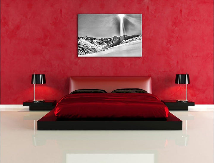 Monocrome, Schnee Berge, Format: 100x70 auf Leinwand, XXL riesige Bilder fertig gerahmt mit Keilrahm