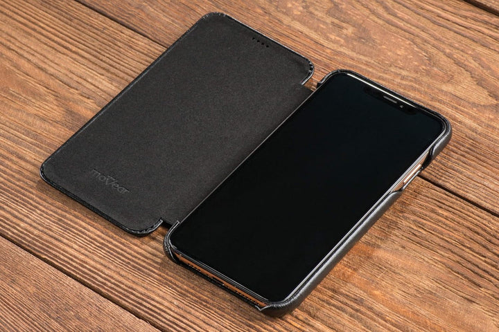 moVear Smartphone Etui Flipside-Case S kompatibel mit iPhone XS MAX, Schwarz, EIN Mikrofasertuch