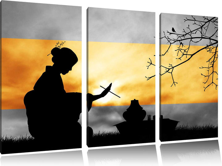 traditionelle Gesha bei Teezeremonie schwarz/weiss 3-Teiler Leinwandbild 120x80 Bild auf Leinwand, X