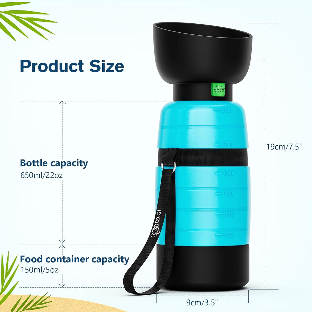 Pecute Hunde Wasserflasche 650ml mit Lebensmittelbehälter 3-in-1, Tragbare Welpen Trinkflaschen Ausl