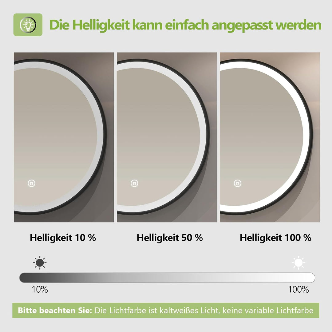 S'AFIELINA Badspiegel Rund mit Beleuchtung 60cm Durchmesser LED Badspiegel mit Touchschalter Dimmbar