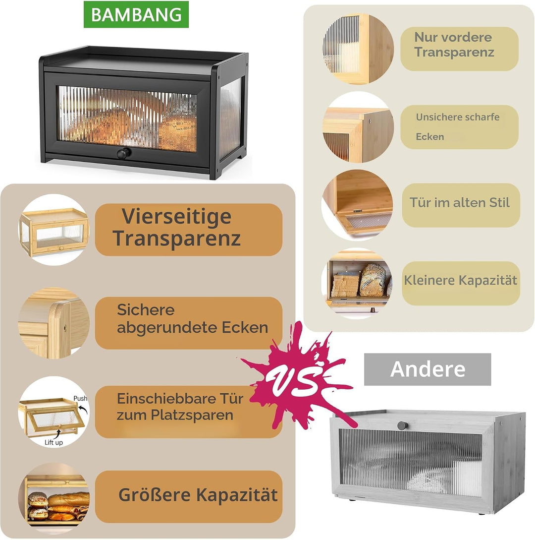 BAMBANG Bambus Brotkasten, Extragross Brotkästen Holz für Küchentheke, brotbox küche zur Brotaufbewa