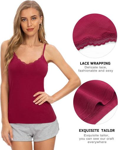 Ymmchy Damen Tanktop mit Spitzen Unterhemd Spaghettiträger Basic Top V-Ausschnitt Verstellbare Träge