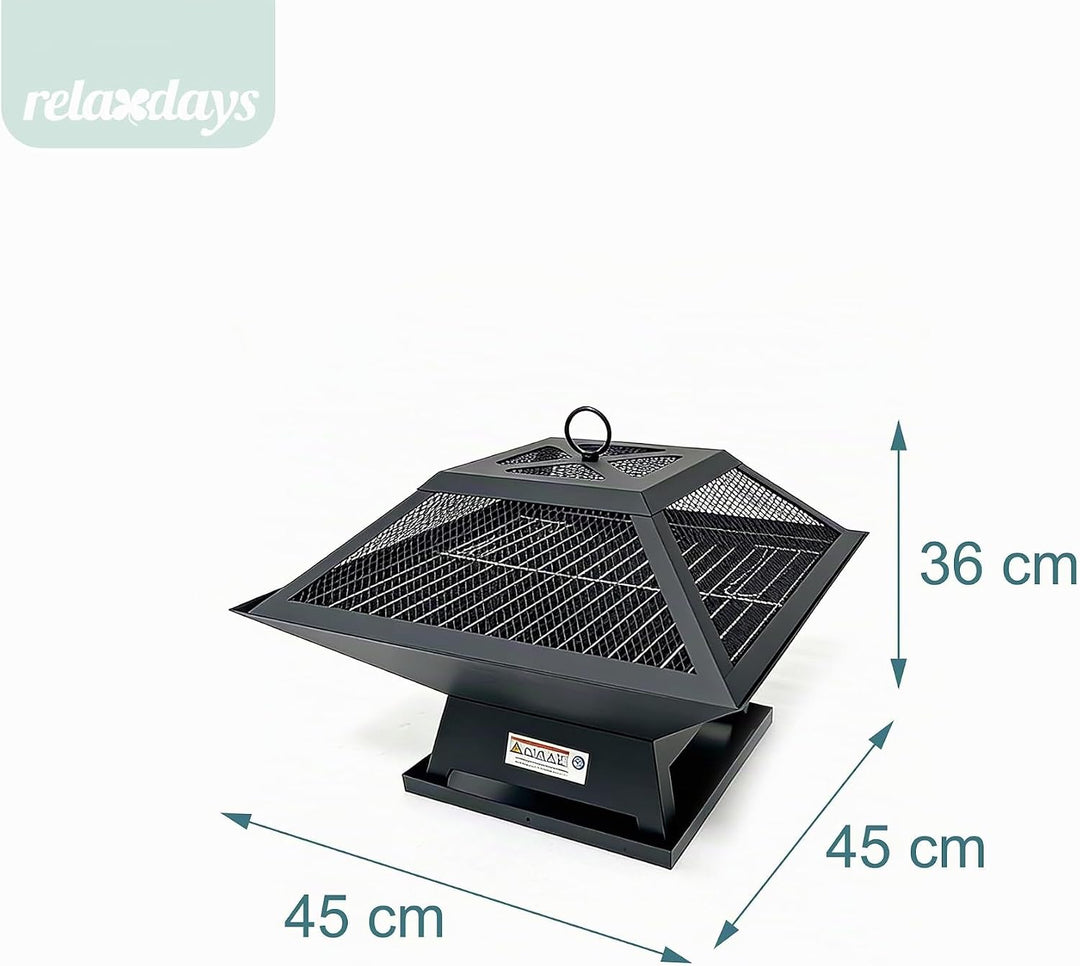 Relaxdays Feuerschale, HxBxT: 36x45x45 cm, mit Grillrost, Funkenschutz, Schürhaken, Stahl, Feuerstel
